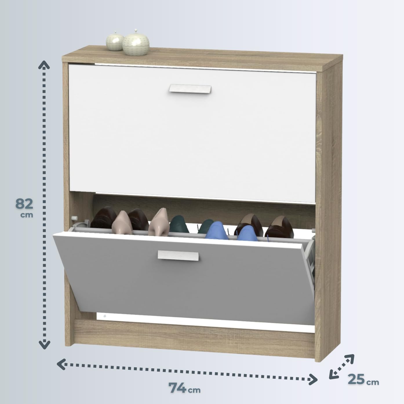 Muebles Pitarch | Scarpiera Ingresso Mobile ausiliario stretto 2 porte per ingresso Bianco e Rovere Cambrian, 12 paia di scarpe, 82x74x25cm, Collezione Tibet