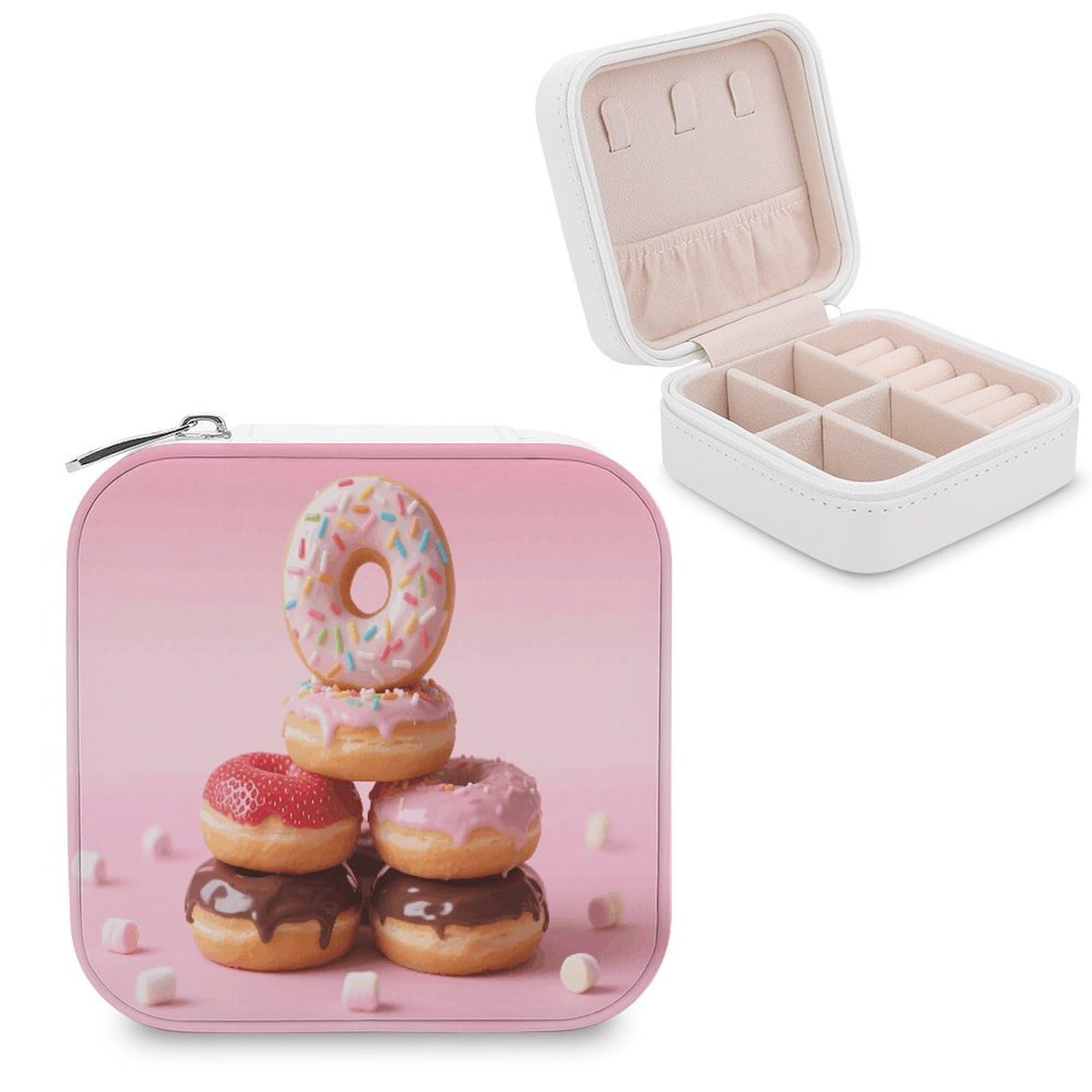 VstaDank Donuts Jewelry Box for Women Jewelry Organizer Storage Case with Zipper Mini Travel Jewelry Case Cute Trinket Organizer Leather Portable Jewelry Storage Box