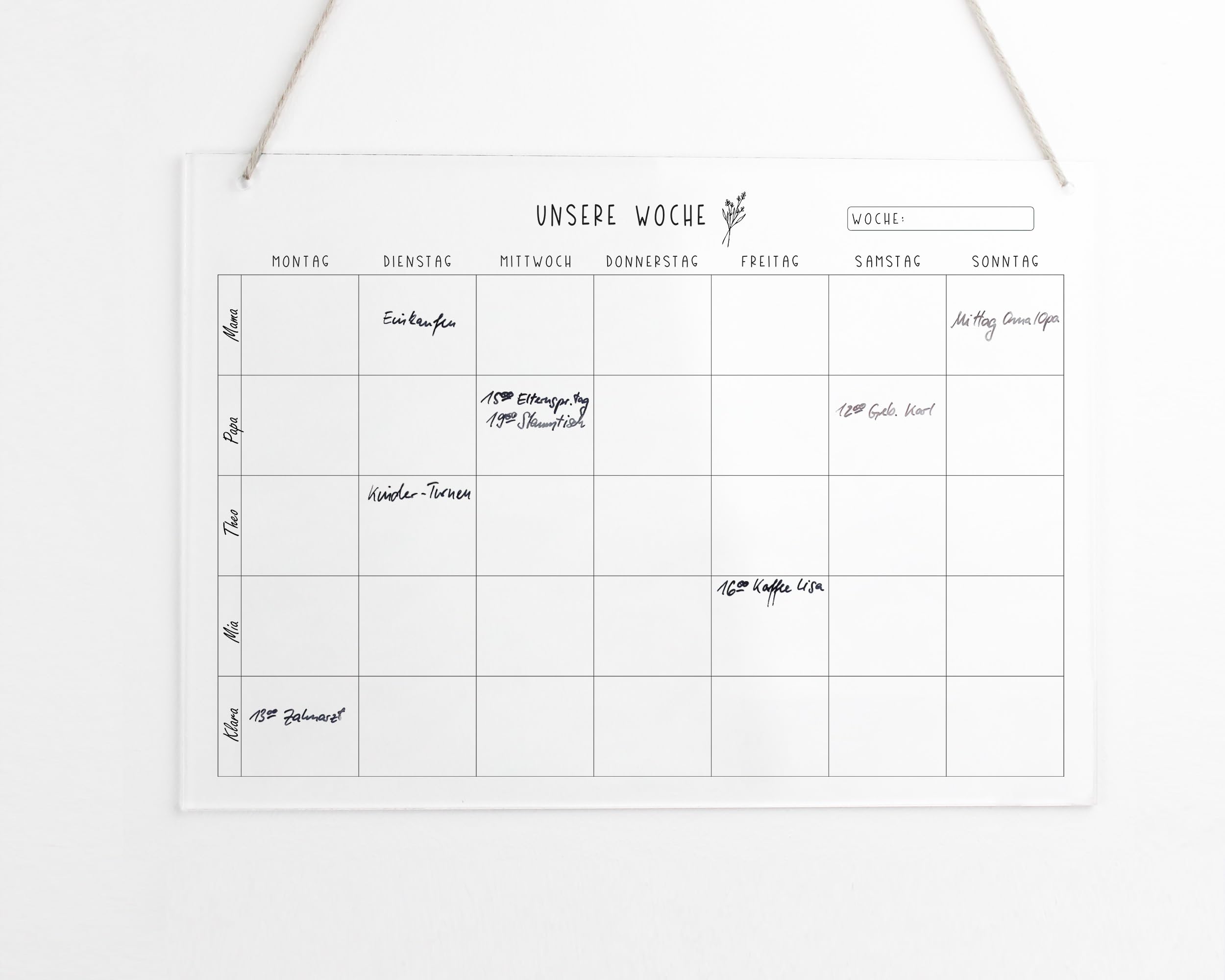 Familienplaner A3 Acryl für 5 + Stift | Acrylplaner | Wochenplaner für die Familie | Unsere Woche Familienkalender für 5 | abwischbarer Wandkalender