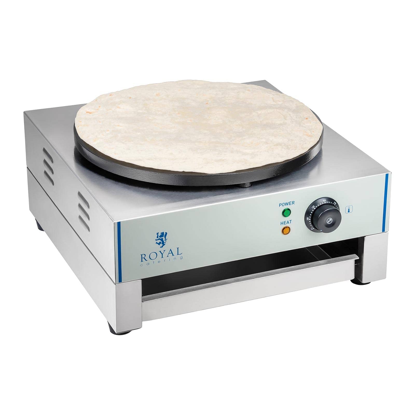 Royal Catering RCEC-3000-E Crepes Maker Crepeseisen (Ø 40 cm, 3.000 W, Gusseisen mit Emaillebeschichtung, Edelstahl, herausziehbares Fach + Teigverteiler)