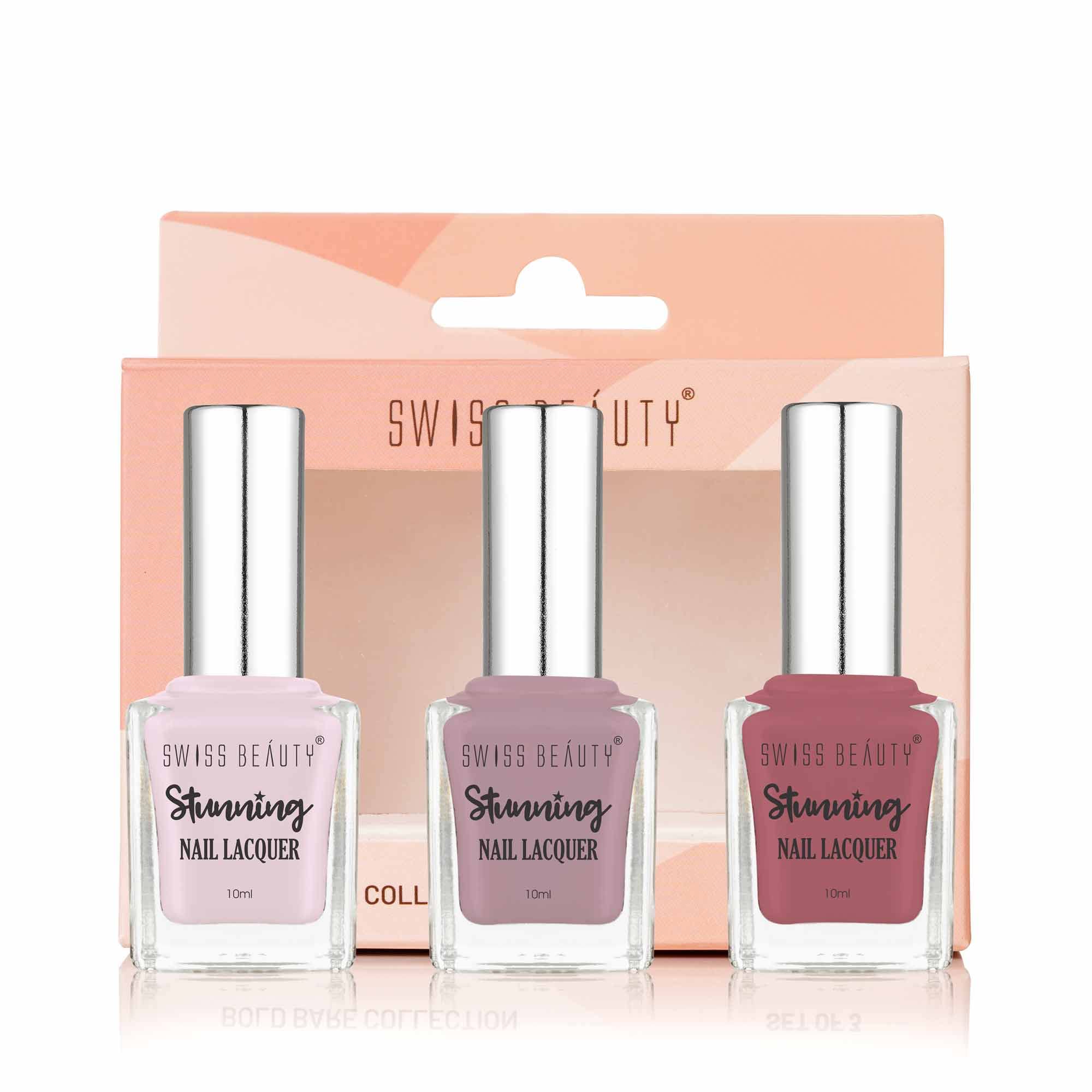 SWISS BEAUTYBare Set Of 3 Nail Laquer - Brown Teddy, Nude Pink & Munich Mulberry