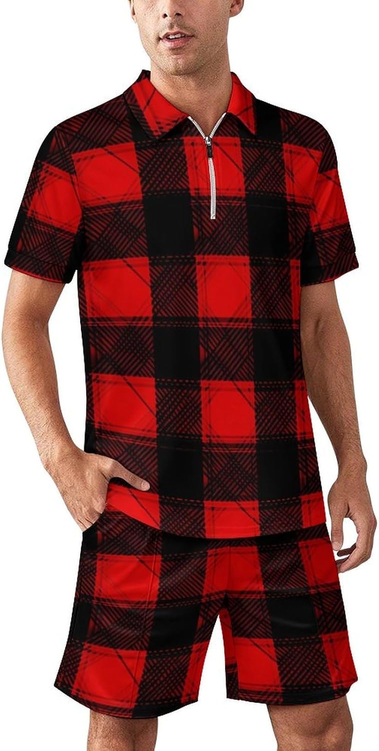 Scottish Striped Plaid Mens Polo Shirts Track Suits 2 Piece Short Sleeve Sweatsuit 1/4 Zip Golf Loungewear for Sports