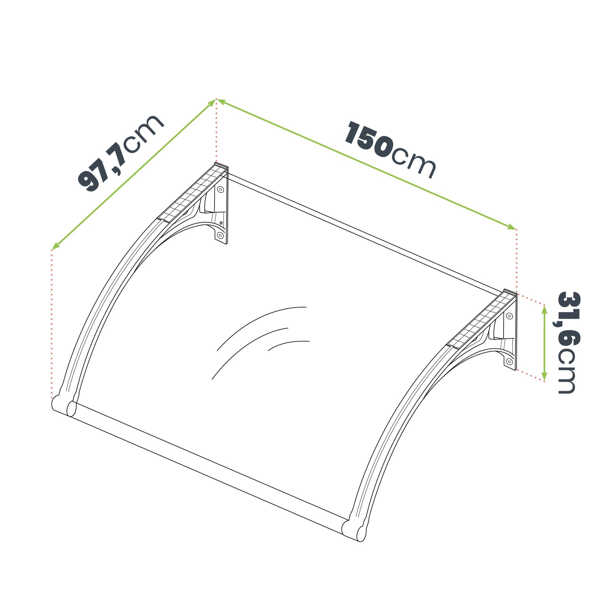 Wasabi - Marquesina Puerta Exterior 150x100cm Light Solar LED – Policarbonato 5,2mm – Soportes Reforzados de Plástico – Incluye Luz Solar LED – Tejadillo Protección Lluvia Ventana Resistente