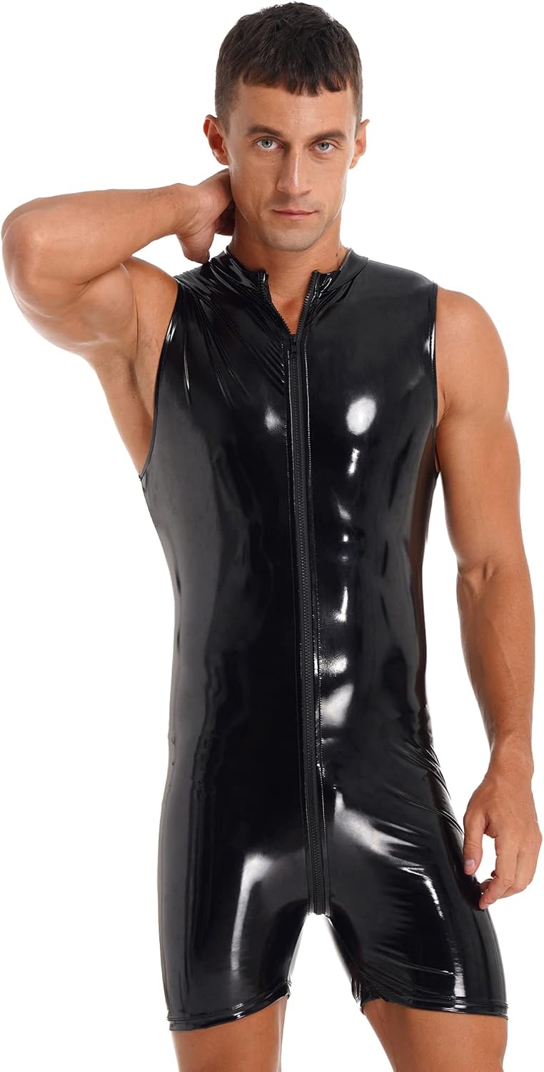 Agoky Mens Shiny Metallic Leather Bodysuits Front Zipper Romper Nightclub Party Shorts Jumpsuits