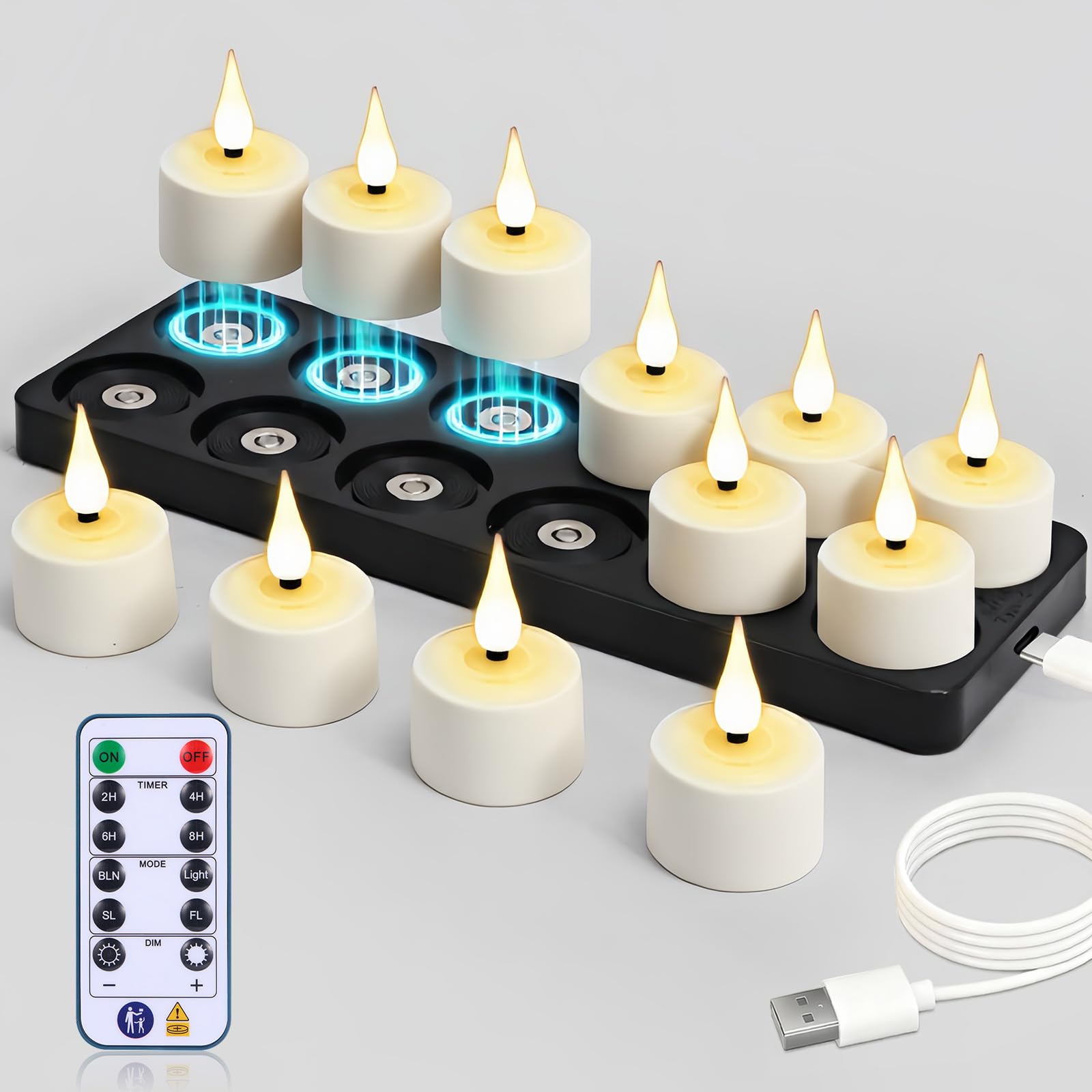yunsheng Magnetische wiederaufladbare Teelichter mit Ladestation und Fernbedienung Timer, 12Stk Batteriebetriebene Aufladbar Flammenlose LED Kerzen Flackern für Haus Kerzenhalter Dekoration