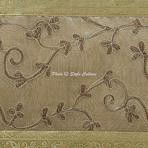 Image of Ari Zari Embroidery Table Runner Decorative 6 Seater 72 Inch Gold & Grey Banarasi Brocade Satin Decorative Long Runner Up with Tassels Dining Table Tablecloth