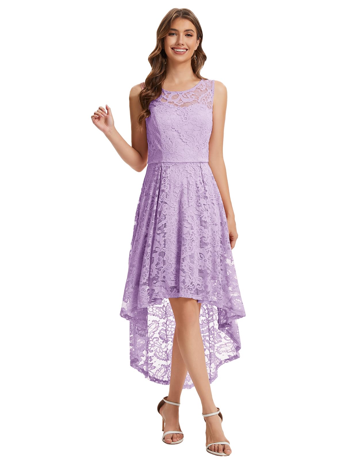 MUADRESS Women's Elegant Floral Lace Dress Sleeveless Crew Neck Hi-Lo Cocktail Dress for Evening Party