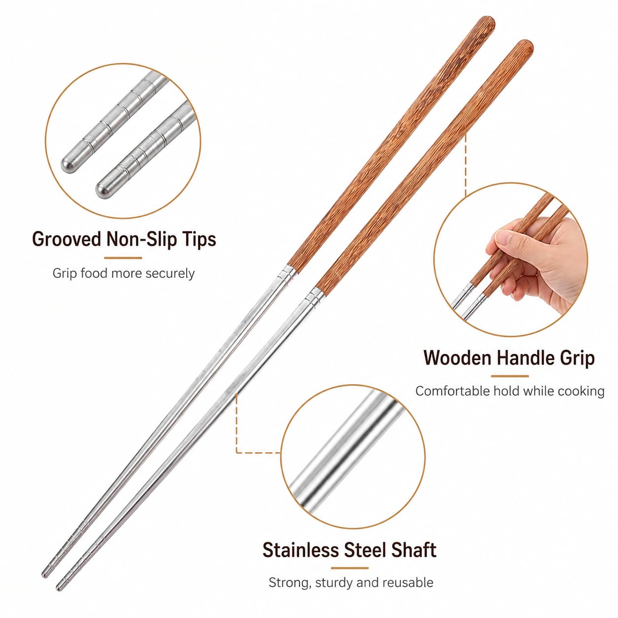 Kichvoe Long Cooking Chopsticks 15.75 " Stainless Steel with Wooden Handle — Amazon image 3