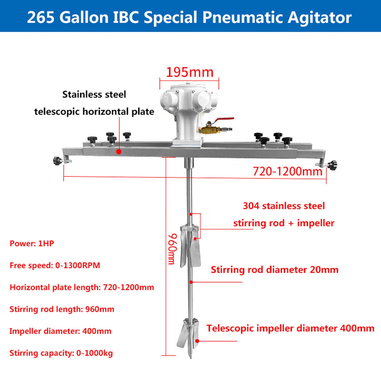 Agitador de aire para tanque IBC, mezclador de pintura neumático para disolvente de tinta, hélice plegable de 400 mm, varilla de agitación de 960 mm, 0-1300 rpm