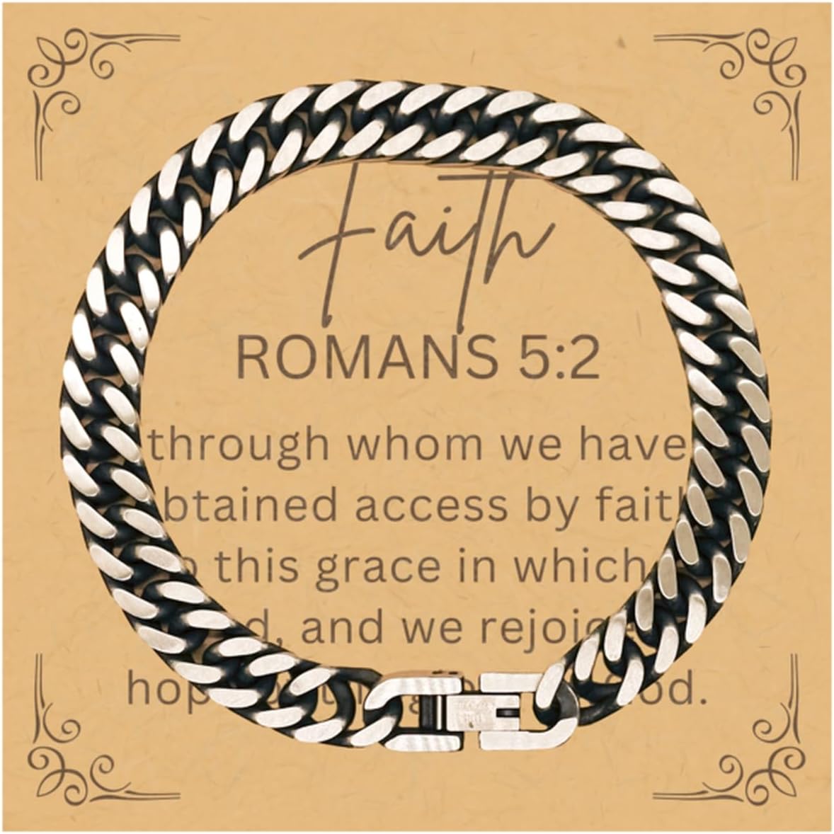 PARN'S Gifts For Christian Bible Verse - Romans 5:2 - Cuban Link Bracelet Faith Gifts For Son Dad Brother Nephew Boyfriend Husband, Religious Jewelry Bracelet Message Card Box