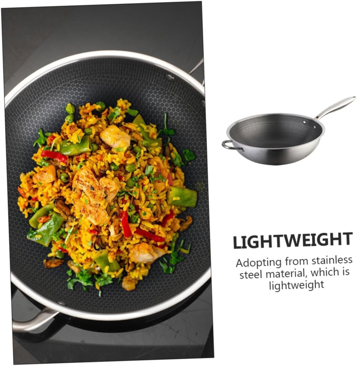 PRETYZOOM Stainless Steel Honeycomb Wok Non-stick Frying Pan for Gas Stove Kitchen Cookware Double Handles for Electric Induction Cooktops
