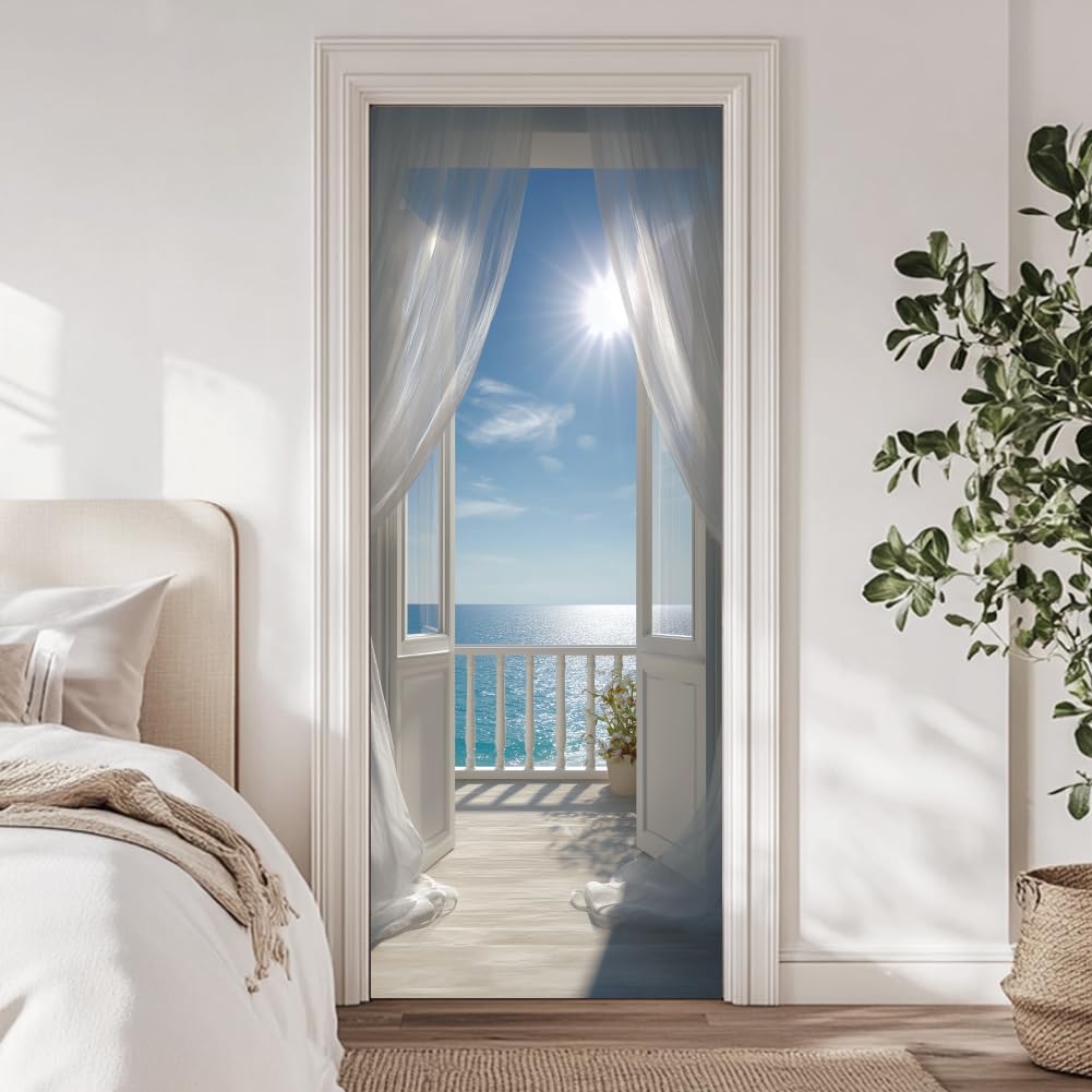 arricraft 2 adesivo porta, 31,5 "x78,7" vista sull'oceano del balcone cielo blu e nuvole bianche porta a parete adesivi PVC carta da parati rimovibile per le camere da letto Soggiorno
