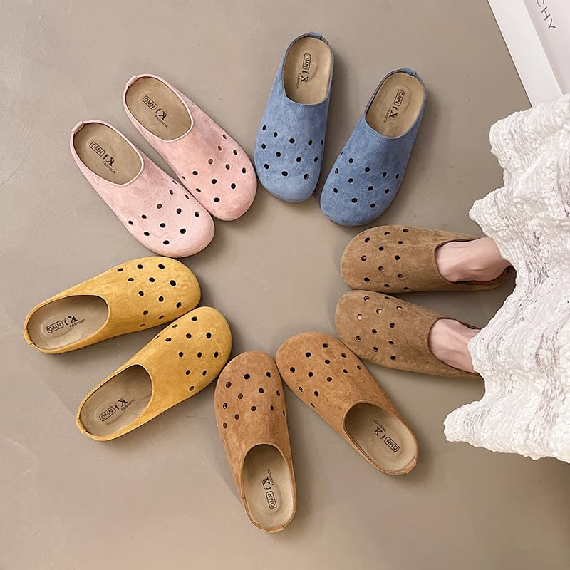 Suede comfort clogs with ventilation holes, indoor and outdoor house slippers, available in blue, yellow, brown, pink and khaki.4