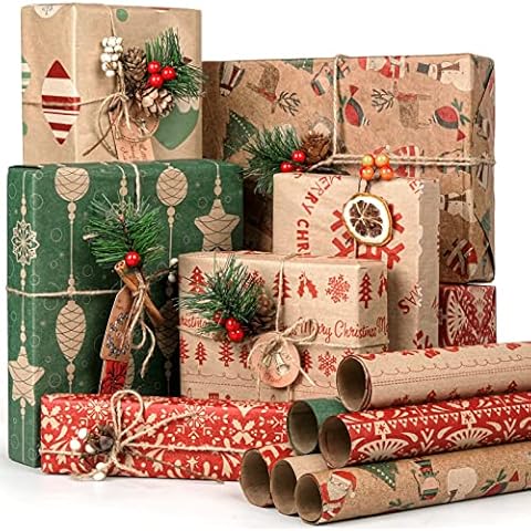 COVACURE 12 Sheets Christmas Wrapping Paper, 6 Unique Designs Recyclable Kraft Paper with Gift Tags and Jute String for Christmas Gift and Craft(70x50cm) Cover