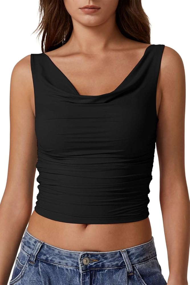 QINSEN Tank Tops for Women Cowl Neck Crop Top Ruched Side