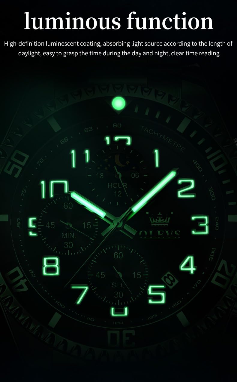 OLEVS Reloj de Pulsera para Hombre, cronógrafo, de Lujo, Fase Lunar, de Acero Inoxidable, Resistente al Agua, Luminoso, Calendario de Negocios, Reloj de Pulsera