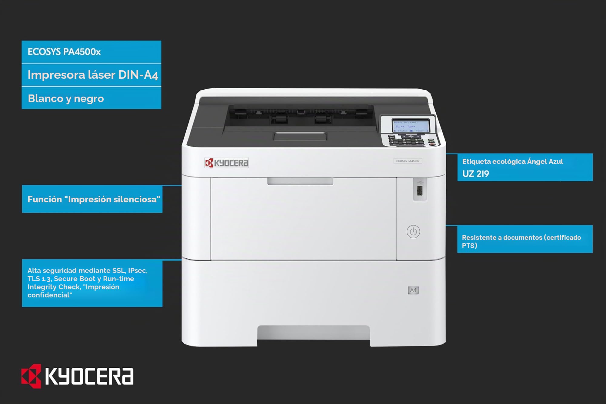 Kyocera Ecosys PA4500x/Plus - Impresora láser (45 ppm, 45 ppm, Gigabit LAN), Color Negro y Blanco