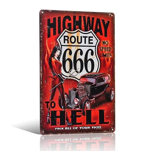 Route 66 Highway To Hell Pin Up Girl Metal Tin Sign Retro Vintage Plaque