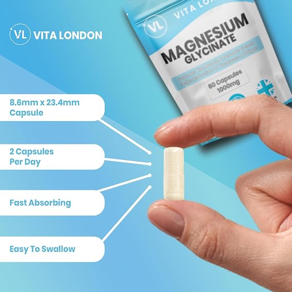Vita London Magnesium Glycinate 1000mg | 120 Capsules | High Absorption Magnesium Bisglycinate for Sleep & Muscle Support, Made in UK, Vegan Friendly