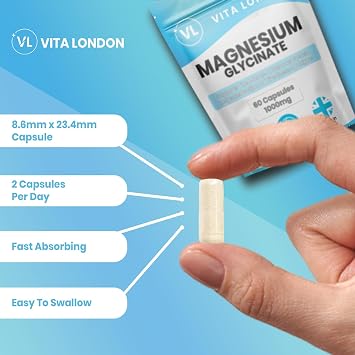 Vita London Magnesium Glycinate 1000mg | 120 Capsules | High Absorption Magnesium Bisglycinate for Sleep & Muscle Support, Made in UK, Vegan Friendly