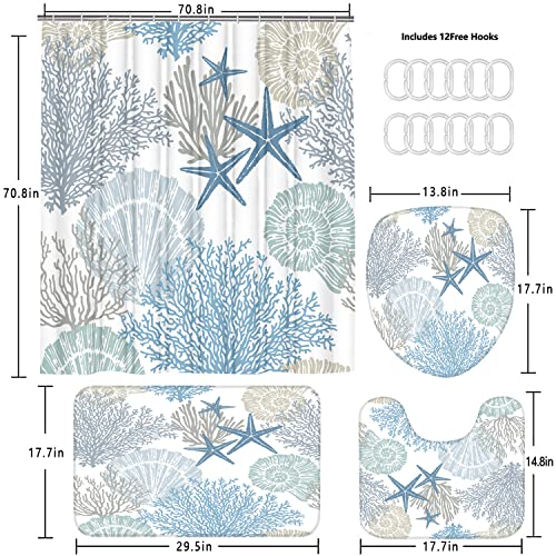 Nkzply 4 Pcs Beach Shower Curtain Blue Bathroom Sets With Shower Curtain And Rugs Nautical Shower Curtain Sets With Rugs Ocean Shower Curtains For Bathroom Starfish Seashell Bathroom Decor Accessories #TOP5