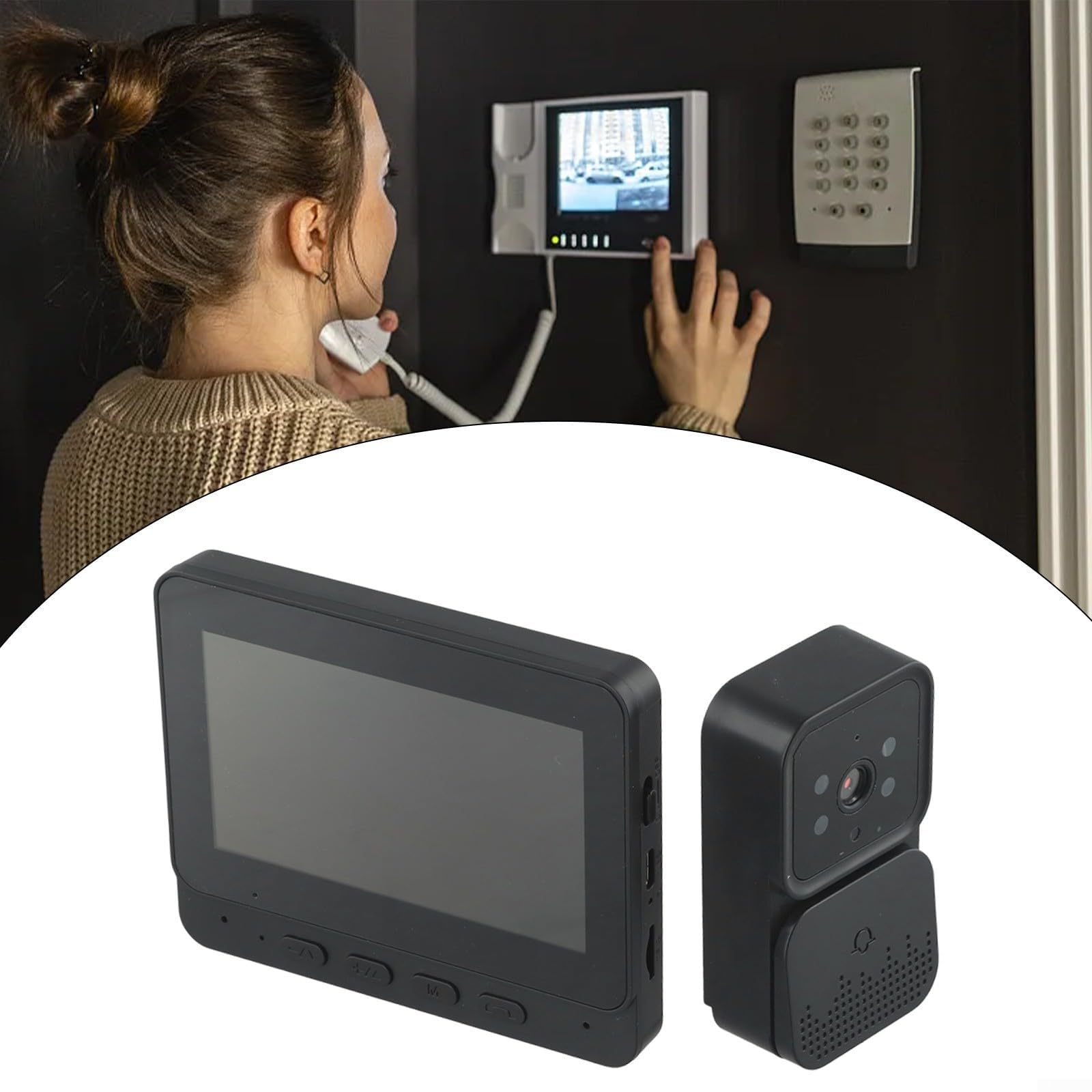 ZYNCUE Sonnette vidéo sans fil avec écran de 4,3", caméra de sécurité, interphone bidirectionnel, vision nocturne, pas de WiFi nécessaire, stockage extensible de carte TF, longue durée de vie de la