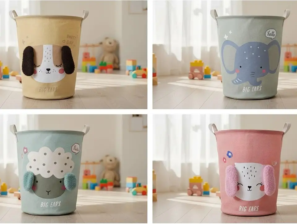 Cesto Organizador Dobrável Multiuso com Alças, Design Infantil Big Ears, Armazenamento de Roupa Suja e Brinquedos. (ROSA CACHORRO)