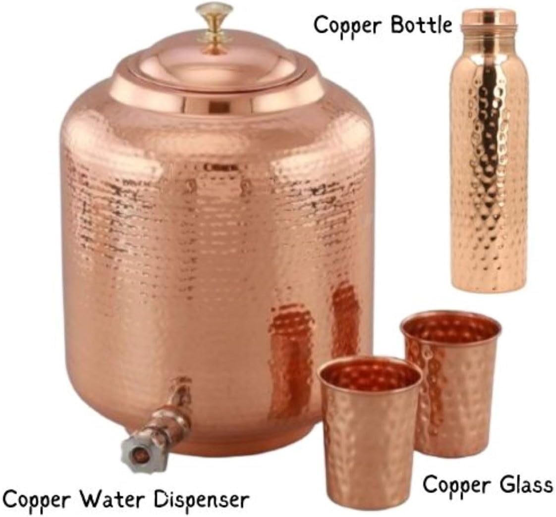 Lait Kishori Hammered Pure Copper Pot | Dispenser with Lid | Drinkware Tank | Tap Matka | Tamba Jug | Storage Container with 2 Tumbler Glasses & 1 Bottle (Copper, 4 Liter / 1 Gallon)
