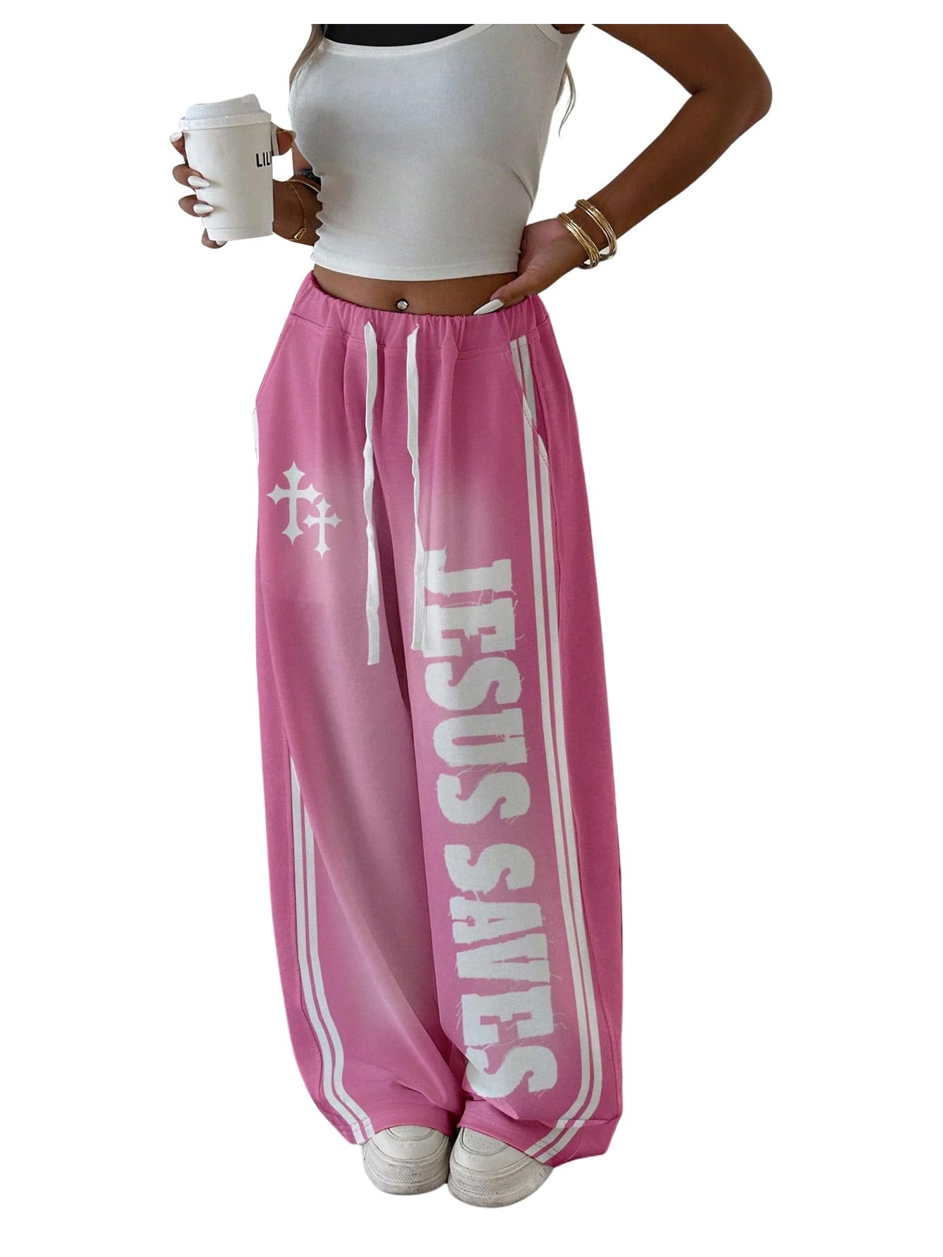 Floerns Womens Y2k Striped Baggy Pants Drawstring Waist Wide Leg Gothic Grunge Outfit