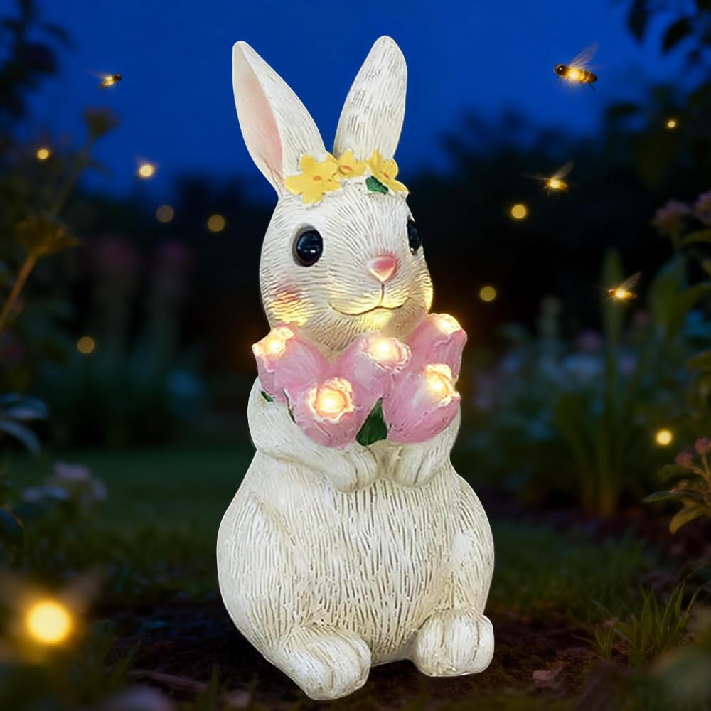 Nzkeuf Solar Garden Ornament Rabbit, Solar Powered Lights Bunny & Flower Statue, Waterproof Solar Light Outdoor Decor for Garden, Yard, Patio, Gifts for Easter/Women/Gardener