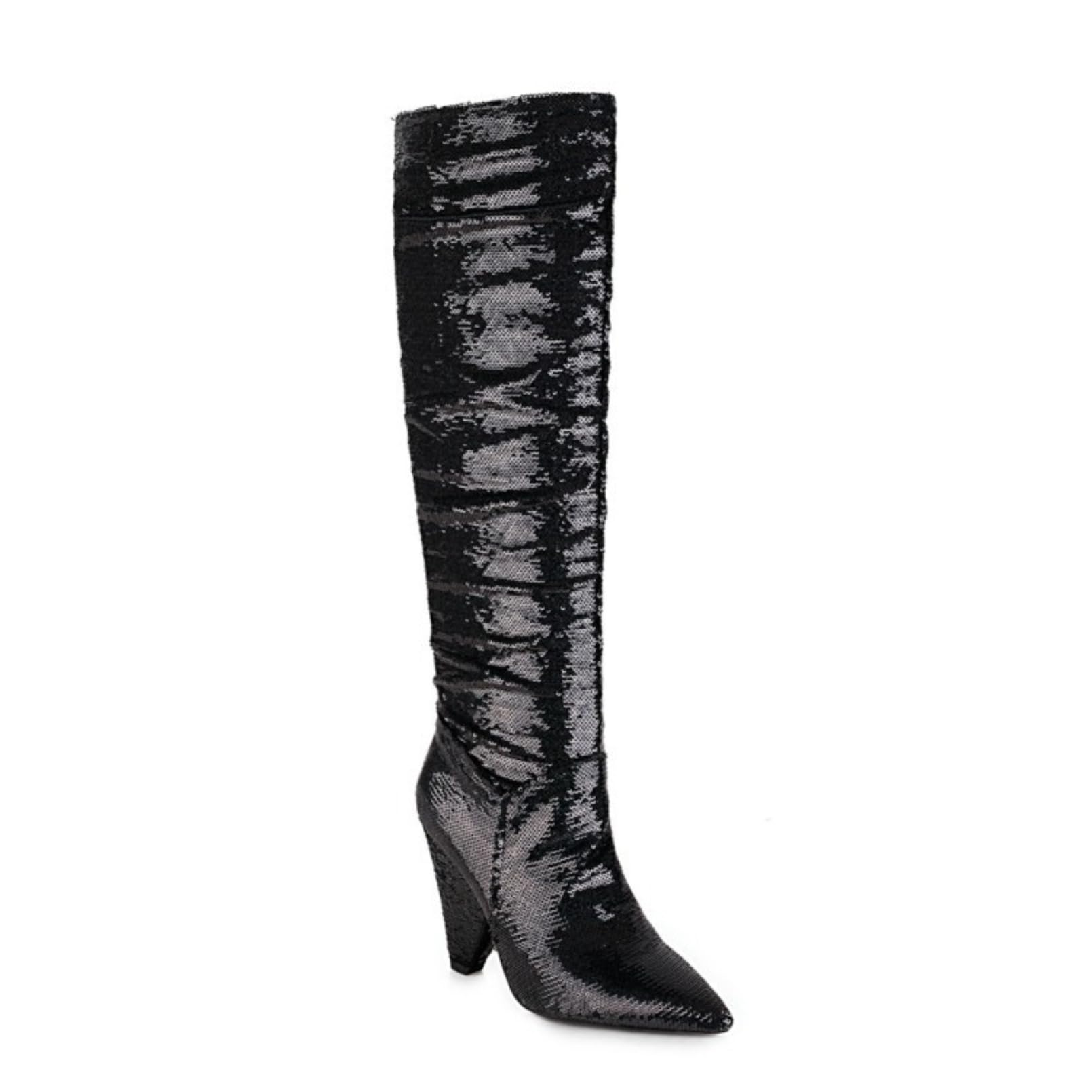 Womens Pointed Toe Knee High Boots Chunky Cone Heel Slouch Glitter Slip on Mid Calf Boots High Heel
