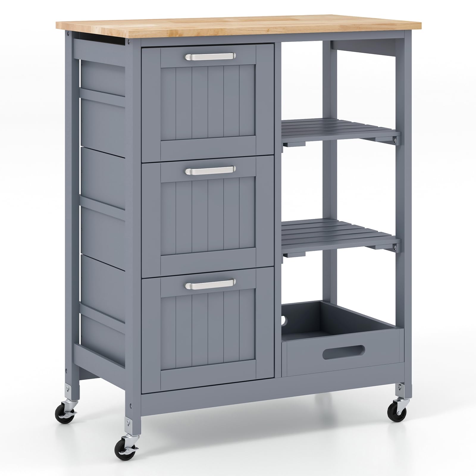 TANGZON Kitchen Storage Trolley on Wheels, Rolling Kitchen Island with Rubber Wood Worktop, Removable Tray, 2 Shelves & 3 Drawers, Utility Serving Cart for Home Dining Room Bar, 67x37x84cm (Grey Body)