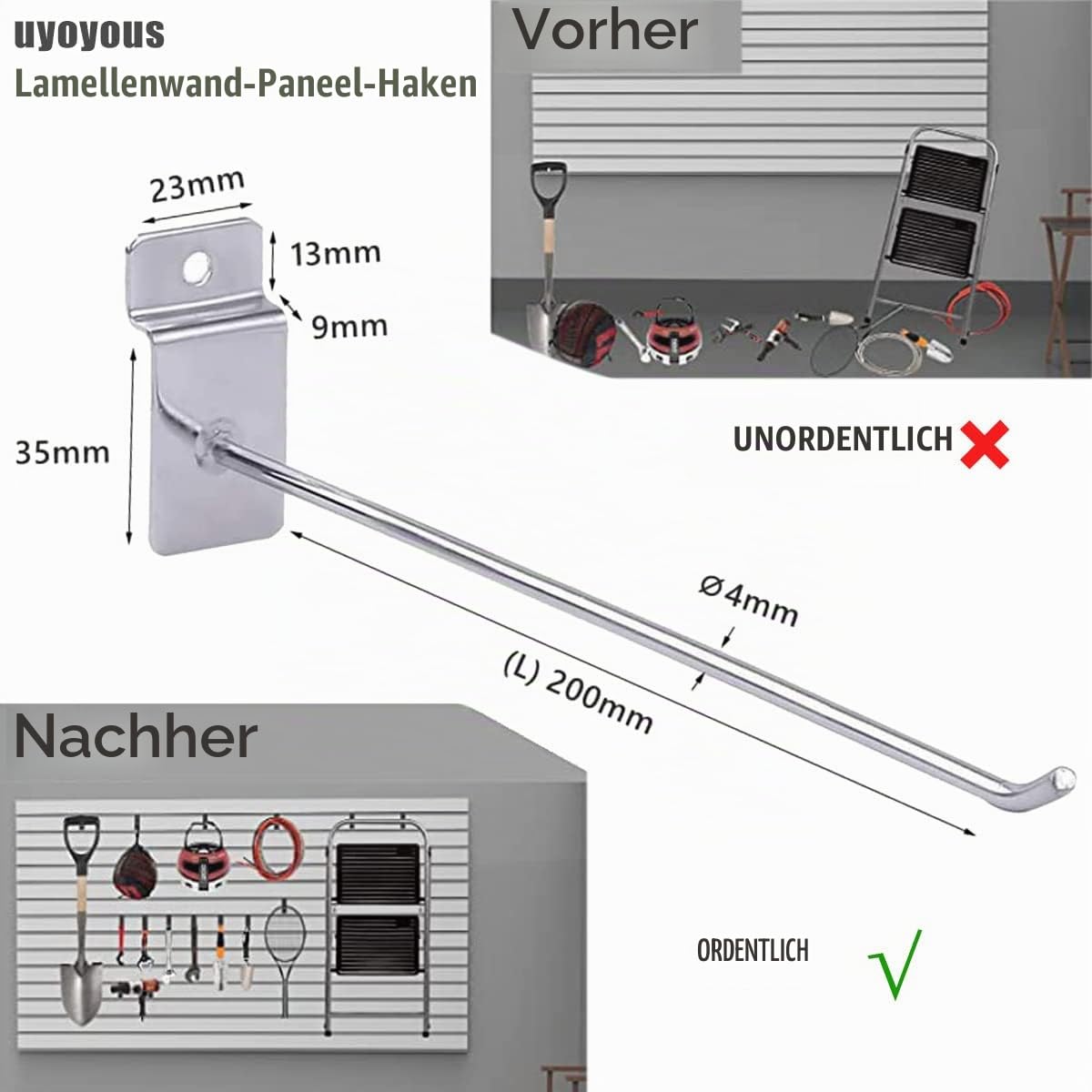 uyoyous Display Haken Lamellenwand Slatwall Hake 20CM, 100 Stück Pegboard Slatwall-haken Werkzeugwand Wandhaken Panel Wandhalter Aufhänger Lamellenwände Metall Hook für Garage Retail Store