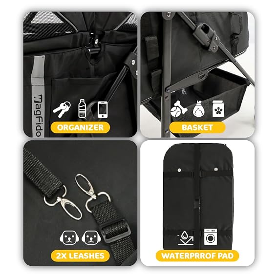 Pet Stroller with Removable Carrier, 3in1 Pet Stroller for Small Medium Dogs Cats Up to 40lbs, Foldable Dog Stroller with Detachable Carrier, Cup Holder, Cat Stroller, Black (Black)