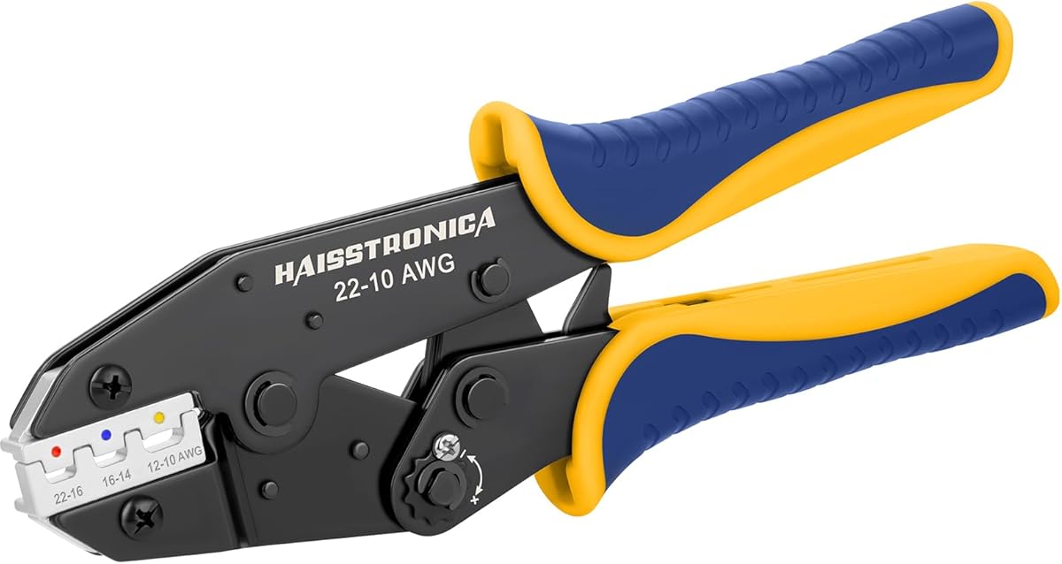 Haisstronica Crimpzange für Schrumpfverbinder 0,5-6 mm²(AWG 22–10) Ratschen-Krimpzange Schrumpf-Stoßverbindern, Ratschen-Crimpwerkzeug für isolierte Nylon Kabelschuhe und elektrische Drahtverbinder