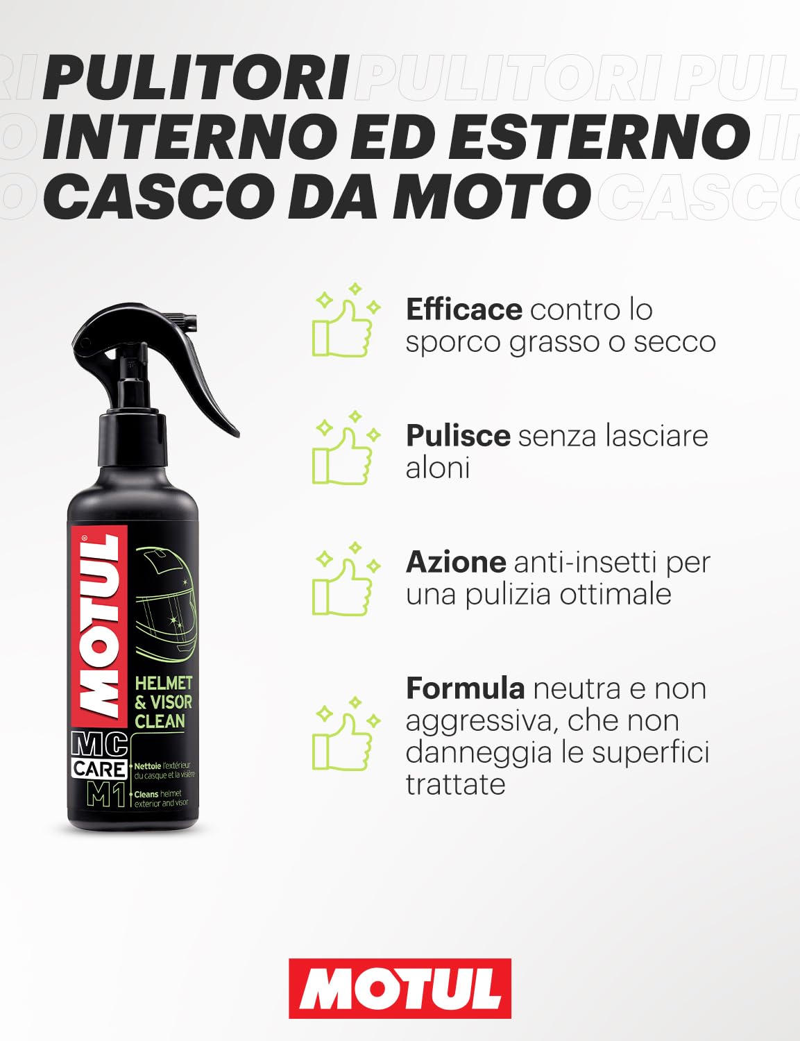 Motul - Kit di Pulizia per Caschi da Moto - Pulitore Esterno per Casco e Visiera + pulitore Interno + Panno in Microfibra - MC Care Helmet & Visor Clean M1 - MC Care Helmet Interior Clean M2