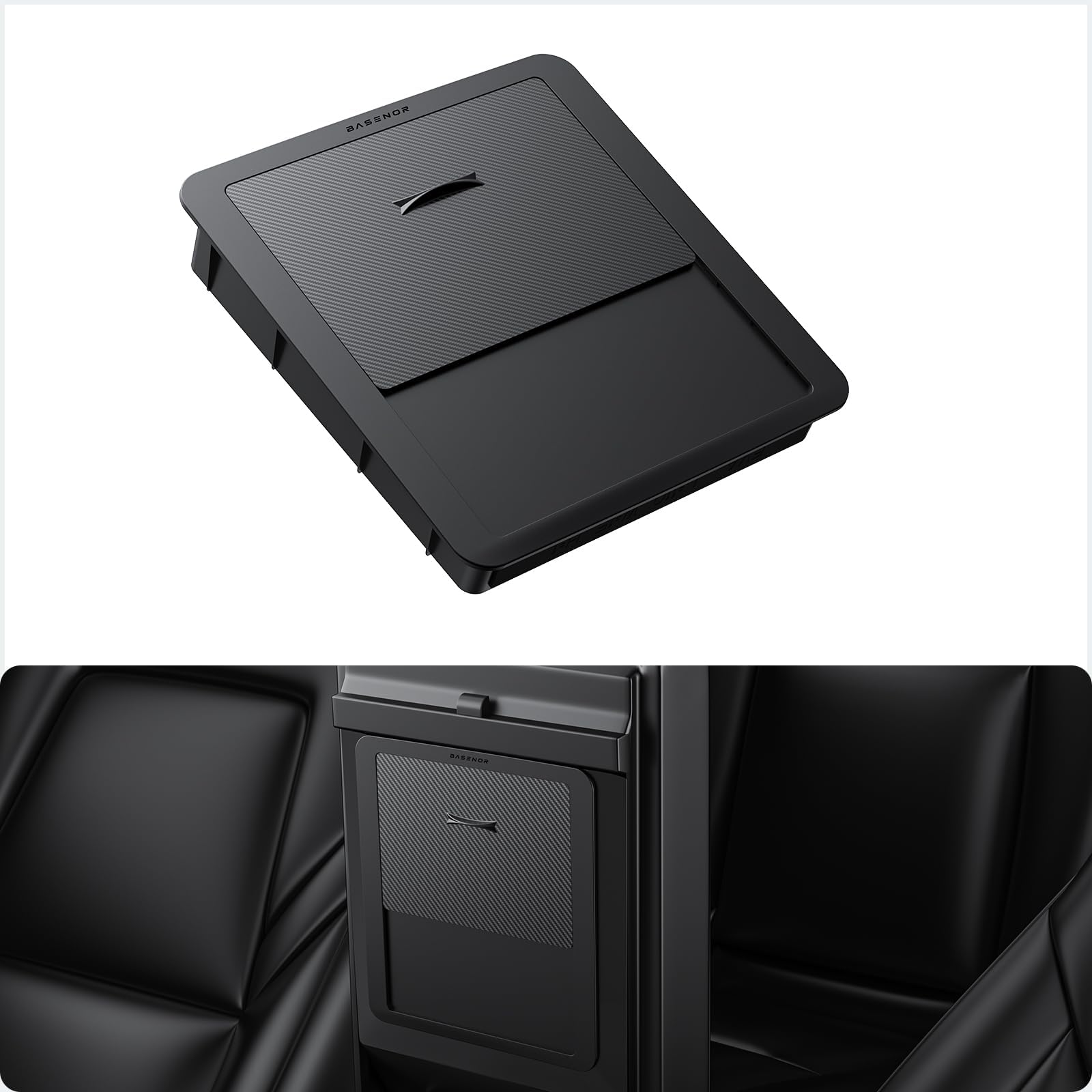 BASENOR Upgraded Tesla Model Y Model 3 Armrest Hidden Storage Box [Carbon Edition] [Powerful Magnetic] Center Console Secret Compartment Accessories 2017-2024 (Proprietary Design)