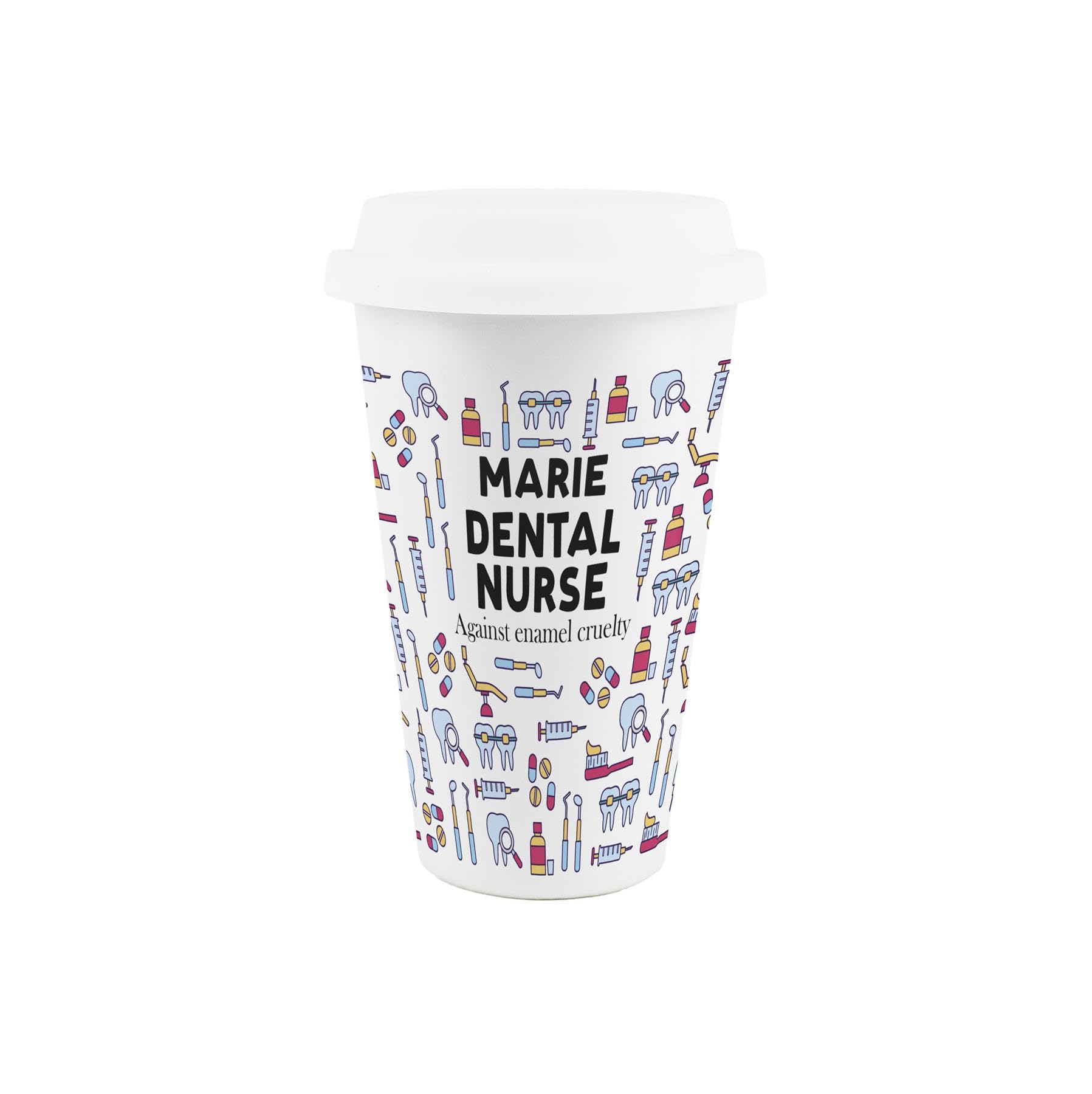 Purely Home Custom Dental Nurse Ceramic Travel Mug - Teeth Themed Novelty Gifts - Reusable Silicone Lid Double-Walled Insulated Drinks Flask Personalised Cup