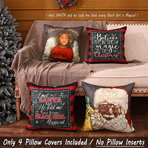 Carrie Home Black Santa Christmas Decorations African American Christmas Pillow Covers 18X18 Set Of 4 For Living Room Couch And Sofa (Black Girl Angel) #TOP2