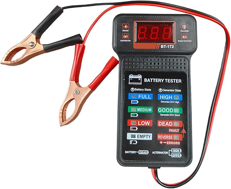 Voltímetro probador de batería de auto de 12 V, probador de alternador, medidor de voltaje de batería automático con pantalla LCD e indicador LED, monitor de batería, analizador de sistema de carga de auto para camión, motocicleta (1 unidad)
