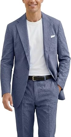 2 Piece Men Suits Seersucker Tuxedos Set Summer Sport Coat Tuxedo Suit Seersuckers Blazer Pants for Mens Wedding Suits Beach Party Navy Blue-L