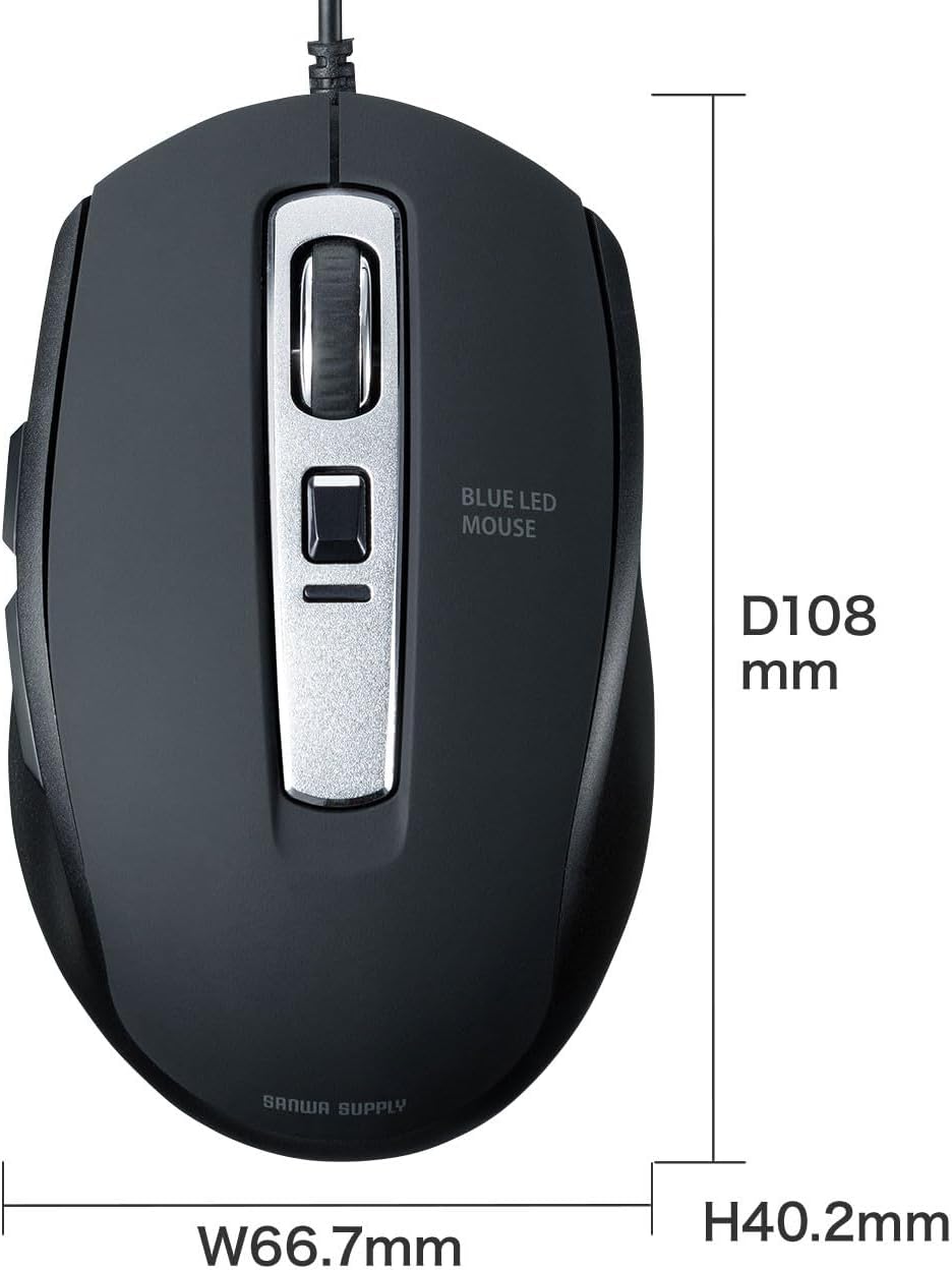 Sanwa Supply MA-BL163BK Quiet Wired Blue LED Mouse (5 Buttons, Black)