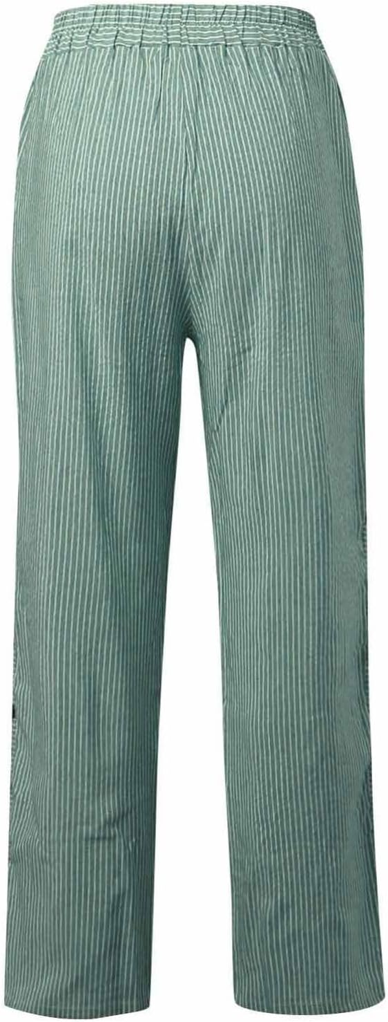 Cropped Linen Pants for Women Casual Straight Leg Elastic Waist Pants Stripe Print Beach Summer Pants with Pockets - Image 4