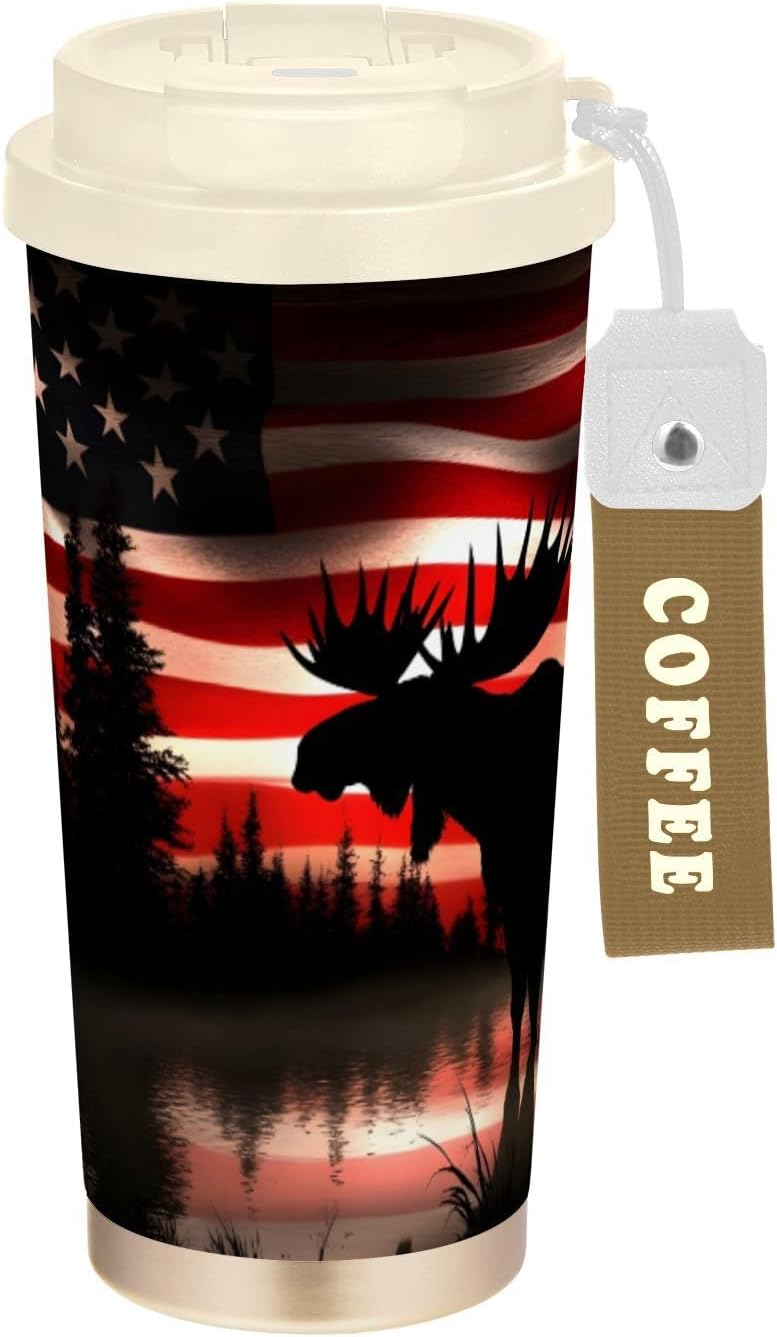 Moose America Flag Silhouette Insulated Coffee Mug with Straw & Flip Lid, 16.9oz Iced Tumbler Cup, Double Wall Vacuum Leak-Proof Mug for Travel Office