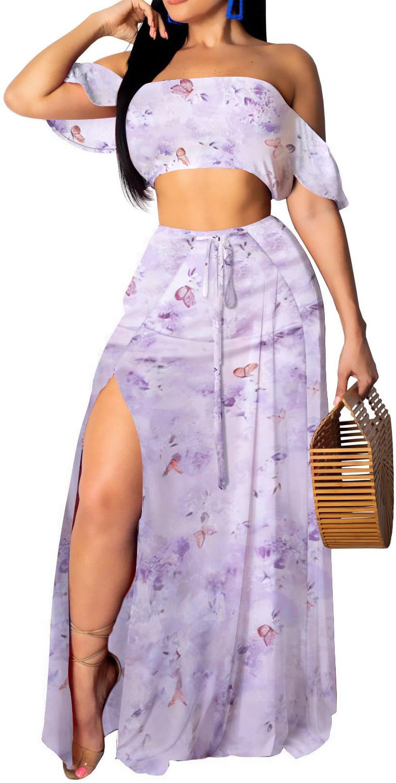 SxClub Women's Beach Dress 2 Piece Off Shoulder Top Long Maxi Skirt Sets