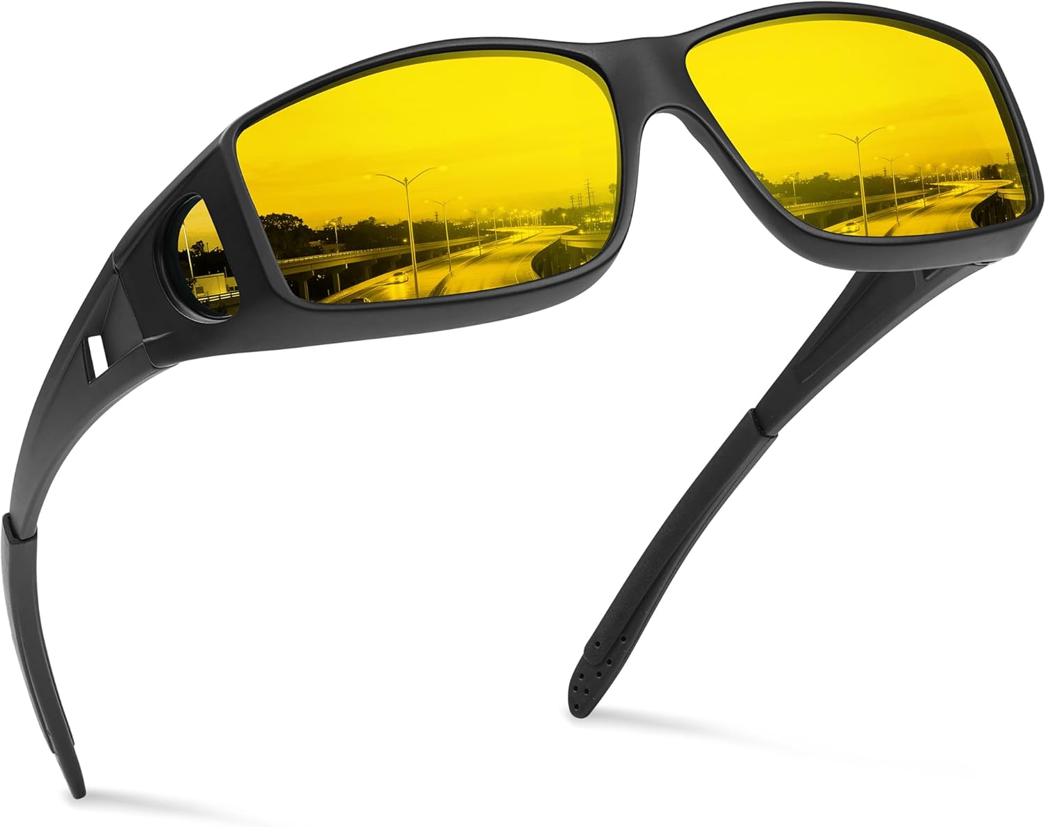 Night Vision Glasses for Driving - Wrap Around Fit Over Glasses for Men Women Anti Glare Polarized HD Yellow Lens