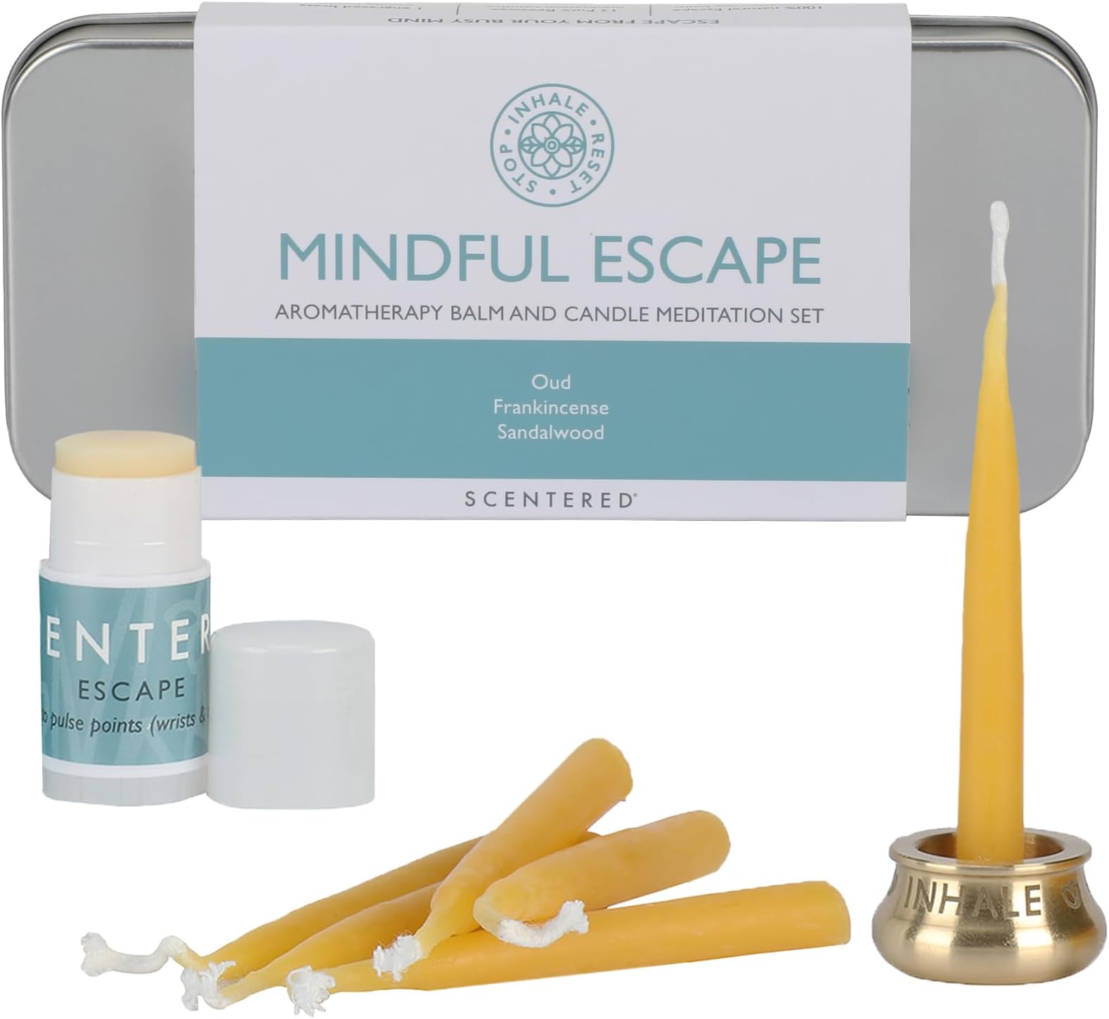 - Yoga Meditation Kit - Aromatherapy Balm & Natural Beeswax Candles Set for Mindfulness - 12x Beeswax Candles with Brass Holder & Essential Oil Balm - Self-Care Gifts for Women