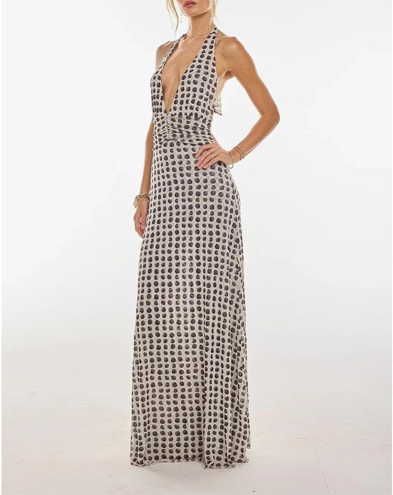 Women Halter Backless Dress Deep V Neck Open Back Mesh Maxi Dress Beach Vacation Wedding Guest