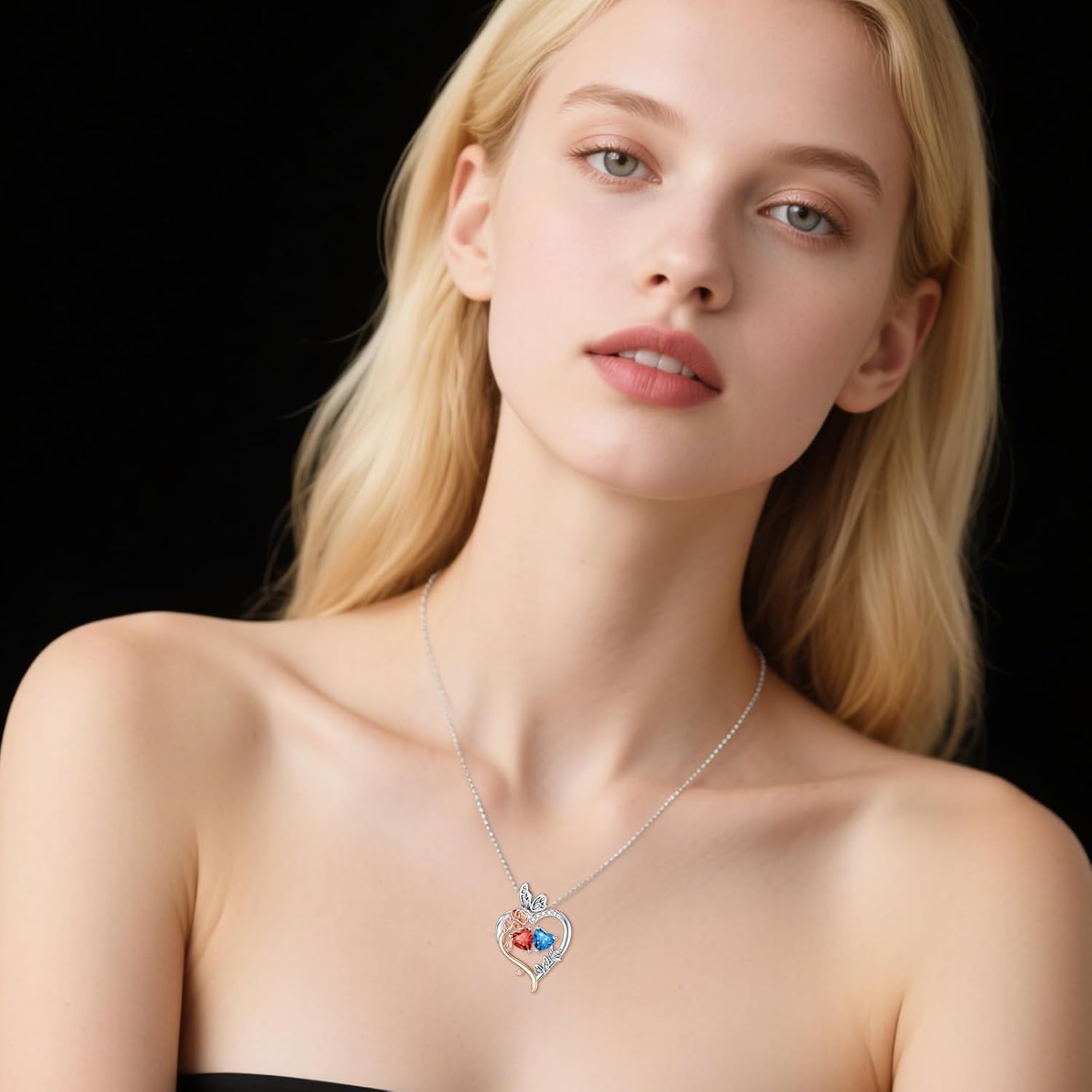 Valentine's Day Gifts for Women Heart Rose Butterfly Birthstone Pendant Necklaces 18k White Gold Plated Jewelry Anniversary Birthday Gifts Women Girlfriend Wife Mom Grandma - Image 2