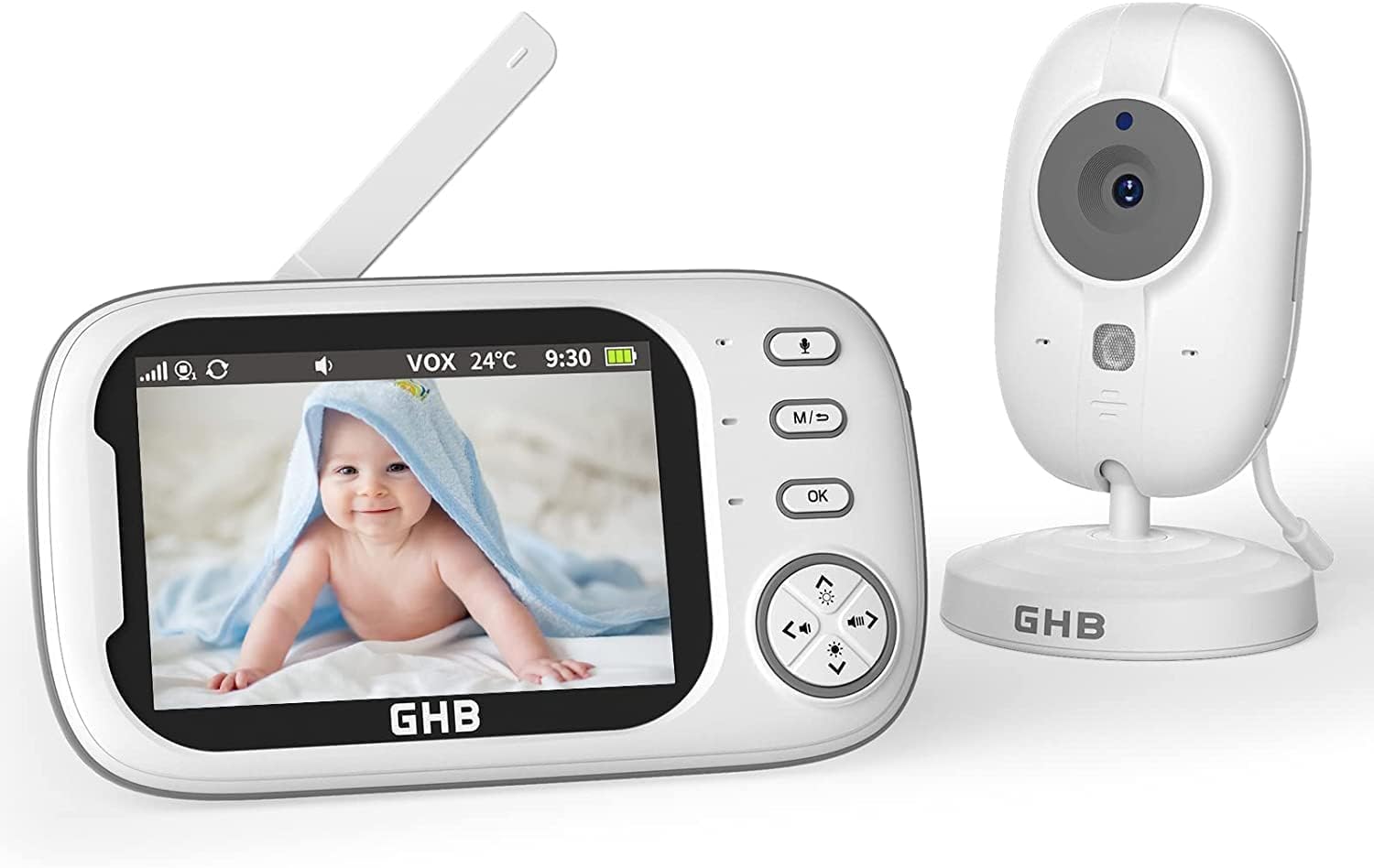 GHB Baby Monitor with Camera and Night Vision, Video Monitor, VOX Mode, 2-Way Talk, 8 Lullabies, Temperature Alert, Feeding Reminder, White